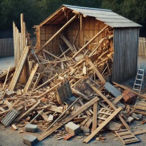 DALL·E 2024 10 05 01.09.21 A hyper realistic illustration depicting a small scale demolition of an outdoor structure like a shed or a small outbuilding. The scene includes debr e1728231099779