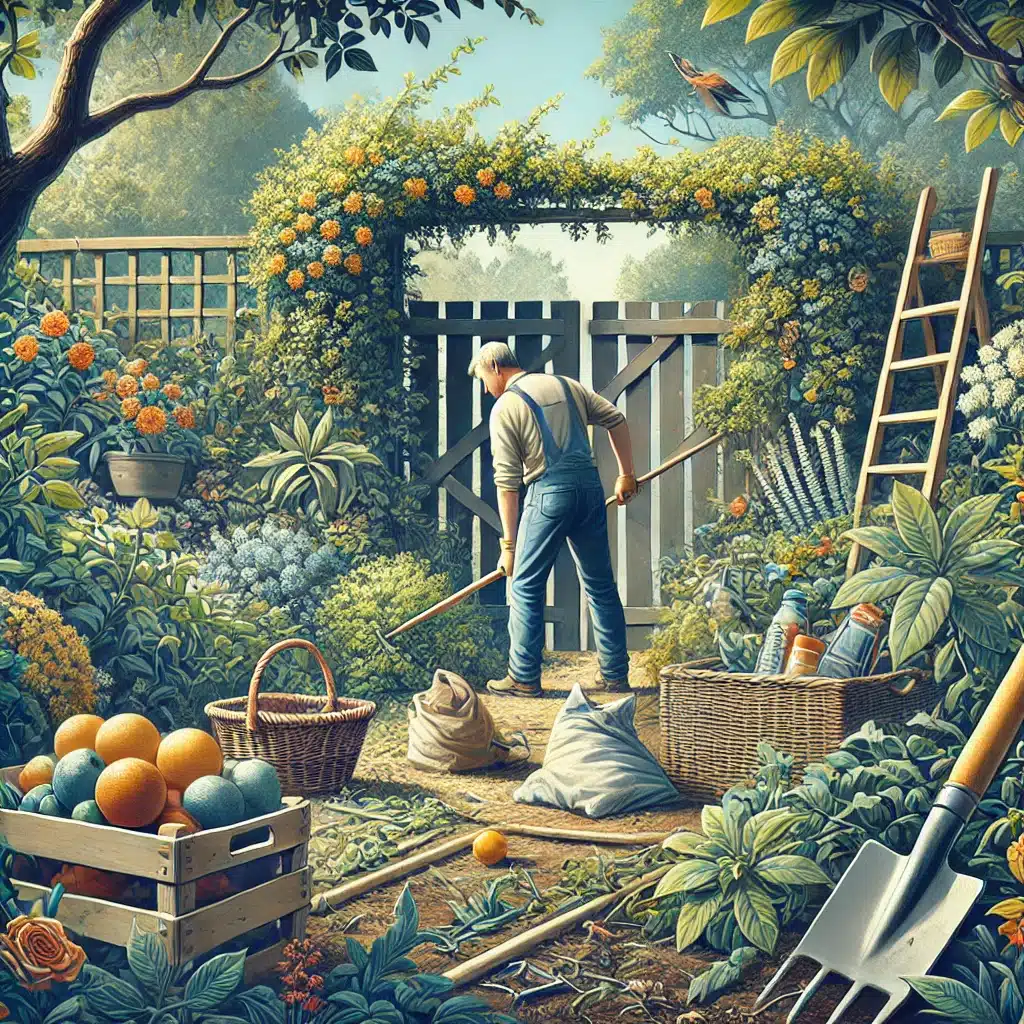 DALL·E 2024 10 08 21.14.59 Create a more realistic illustration for the section Vyklizeni zahrad a venkovnich prostor Garden Clearing. The image should depict a person clear