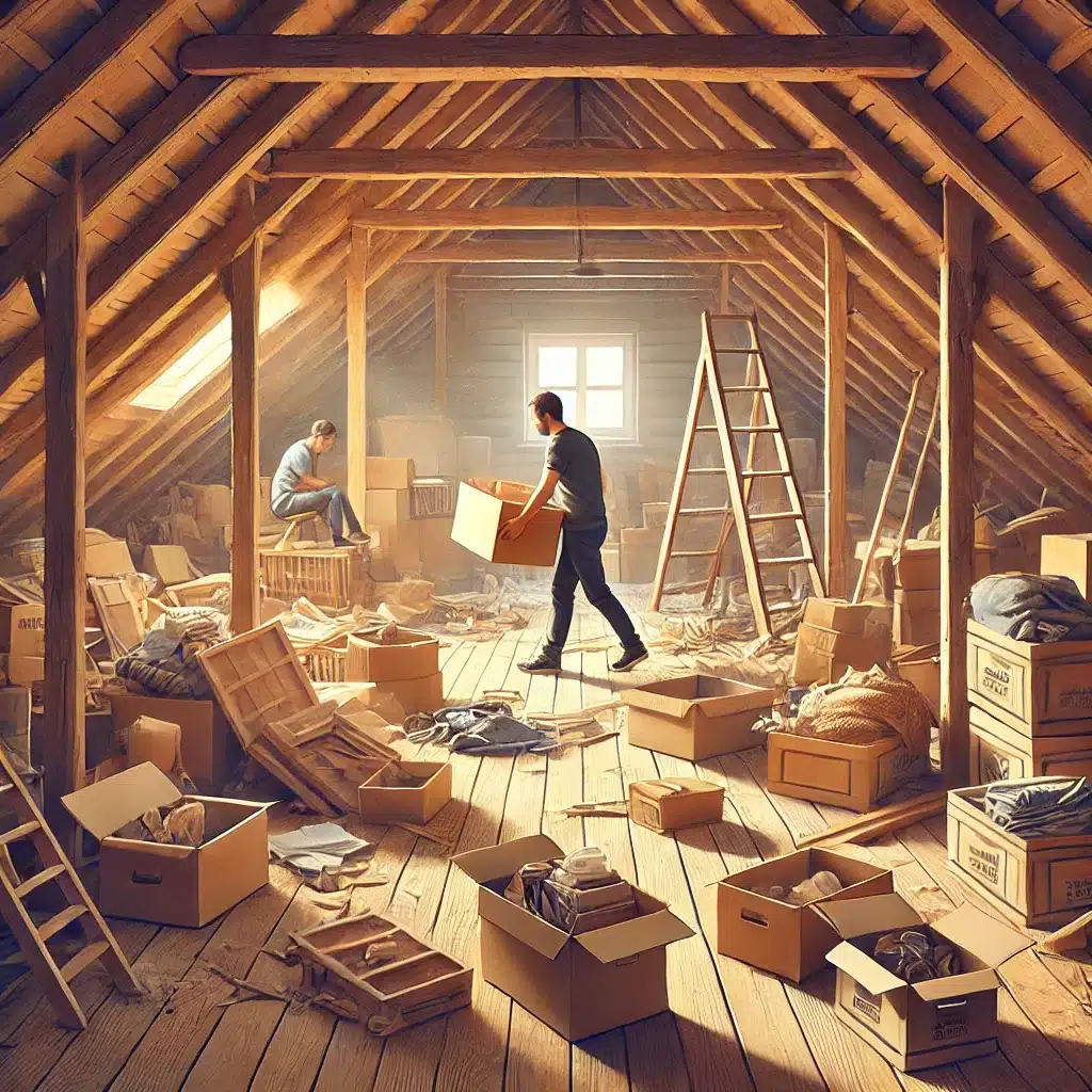 DALL·E 2024 10 08 21.32.03 Create a realistic illustration for the section Vyklizeni pud Attic Clearing. The image should depict a person or team clearing out an attic space