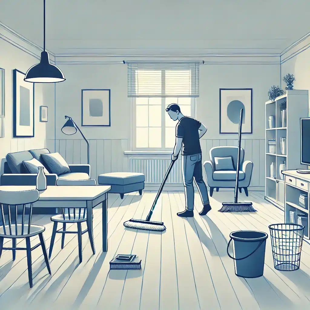 DALL·E 2024 10 08 22.03.49 Create a realistic illustration for the section Uklid po vyklizeni Cleaning After Clearing. The image should depict a person cleaning a room such